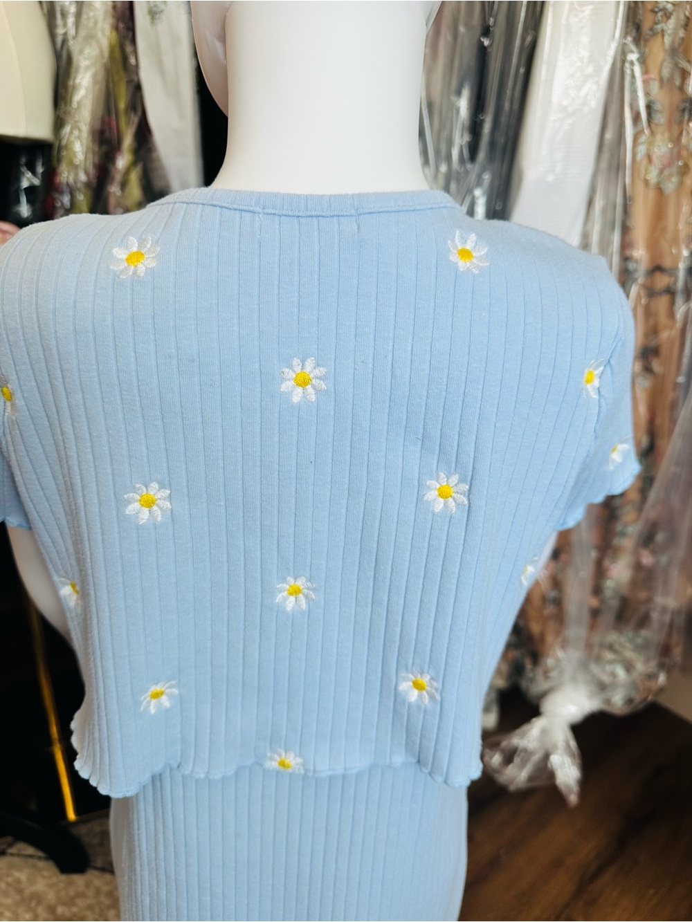 Btween Girls Blue Daisy Ribbed Dress & Matching Tie-Front Shrug Set - Picture 5 of 9